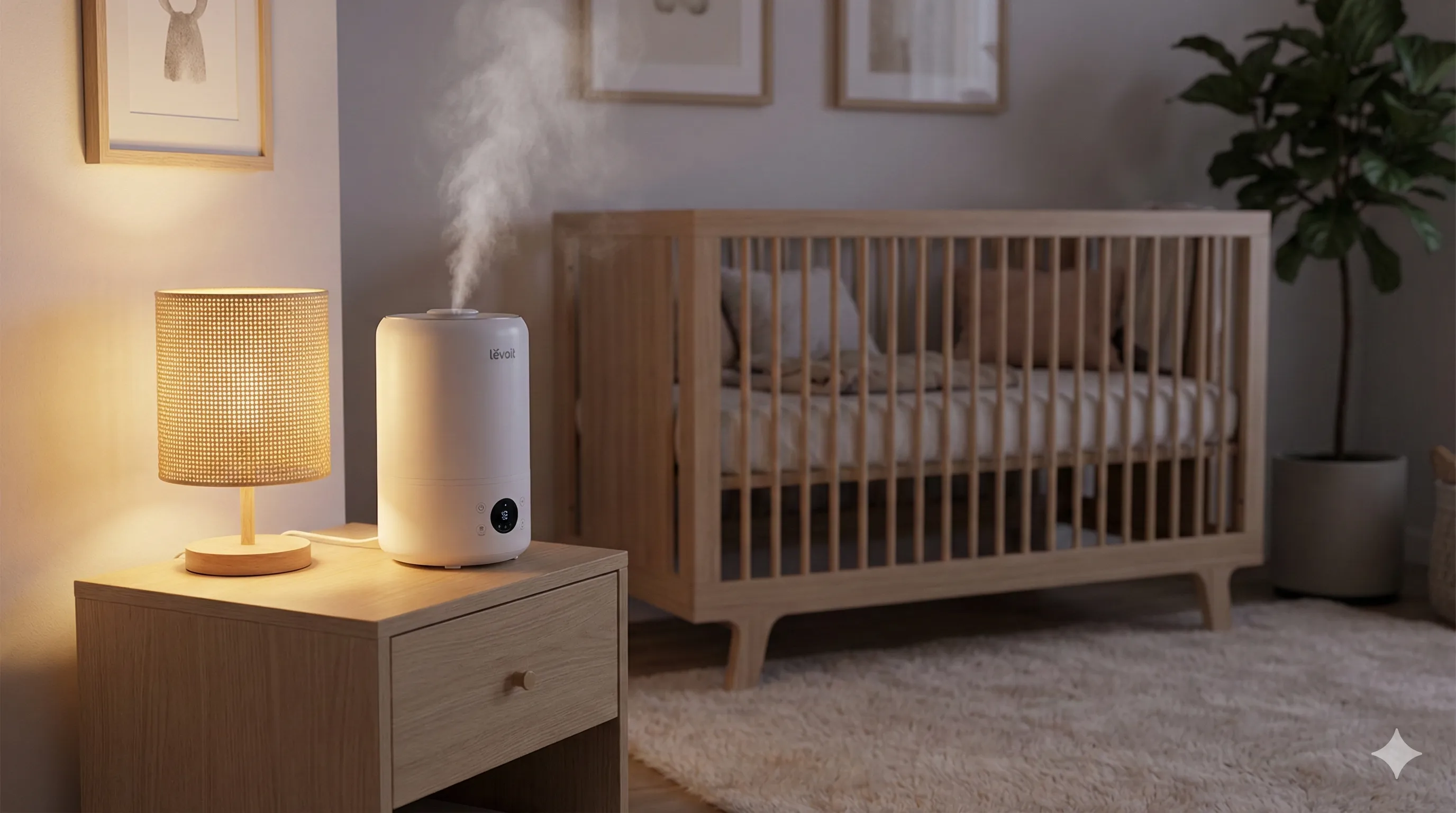 Humidificador en la habitación de un bebé con luz suave