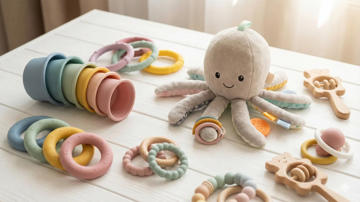 Selección de juguetes Montessori para bebés de 0 a 12 meses sobre fondo de madera